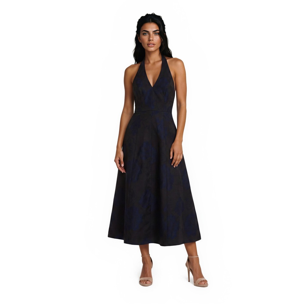 Halston Heritage Midi Dress Women's Size 0 Black Blue Floral Jacquard Halter